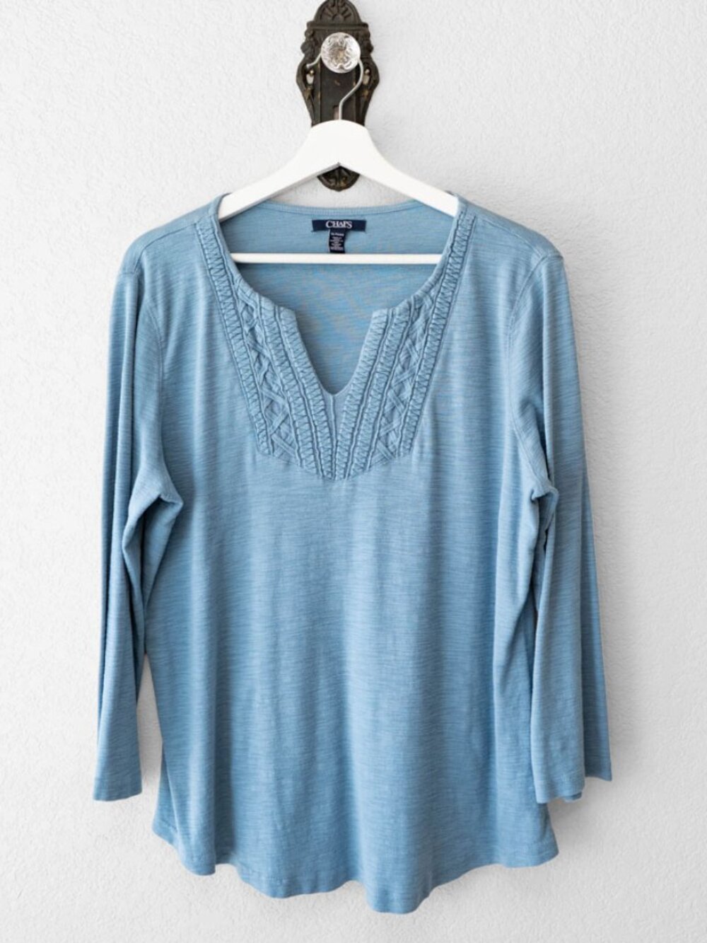 Chaps Light Blue Split Neck Top XL Embroidered Trim Long Sleeve Cotton Tee